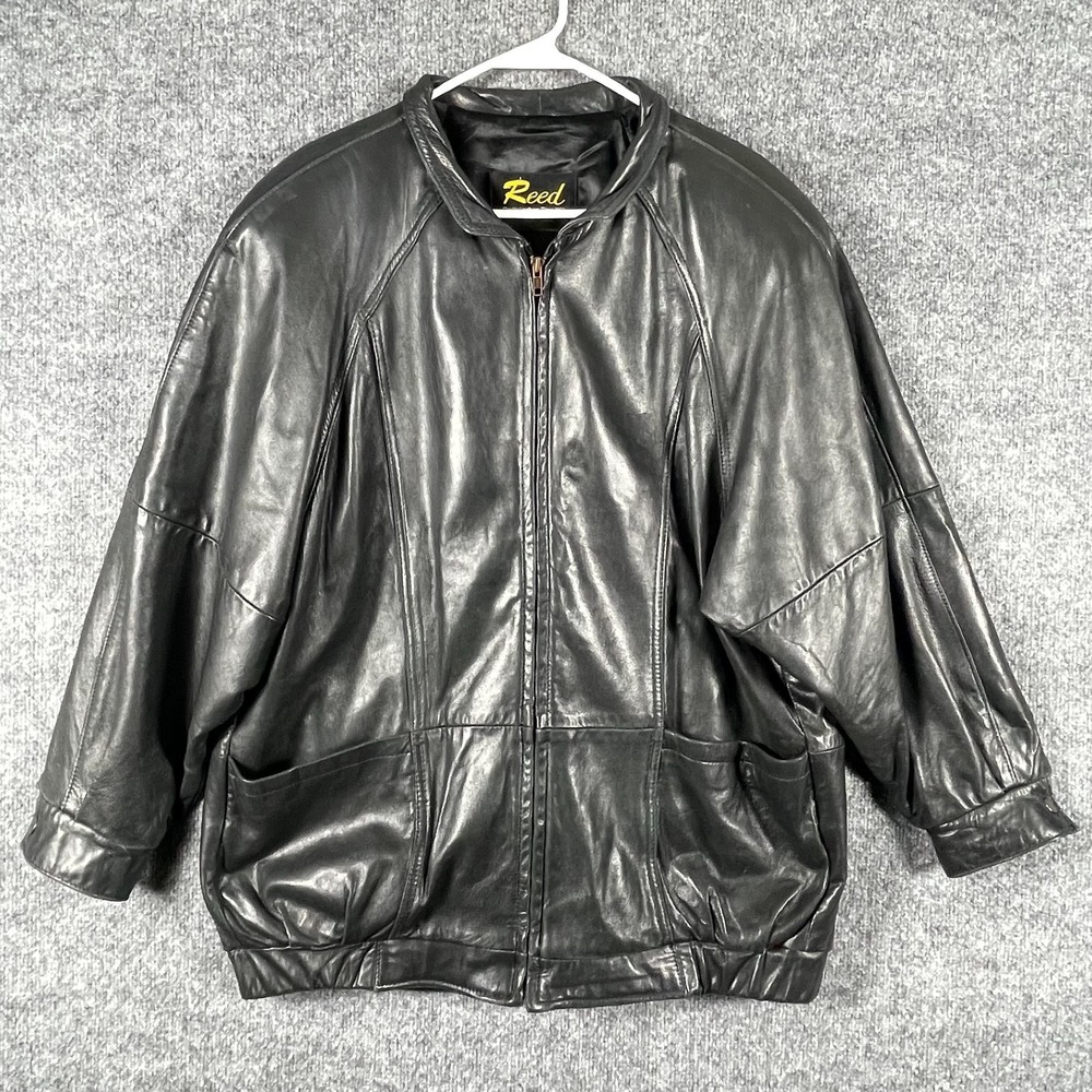 Vintage Reed Jacket Mens Medium Black Leather Full Zip Bomber Lined USA Made
